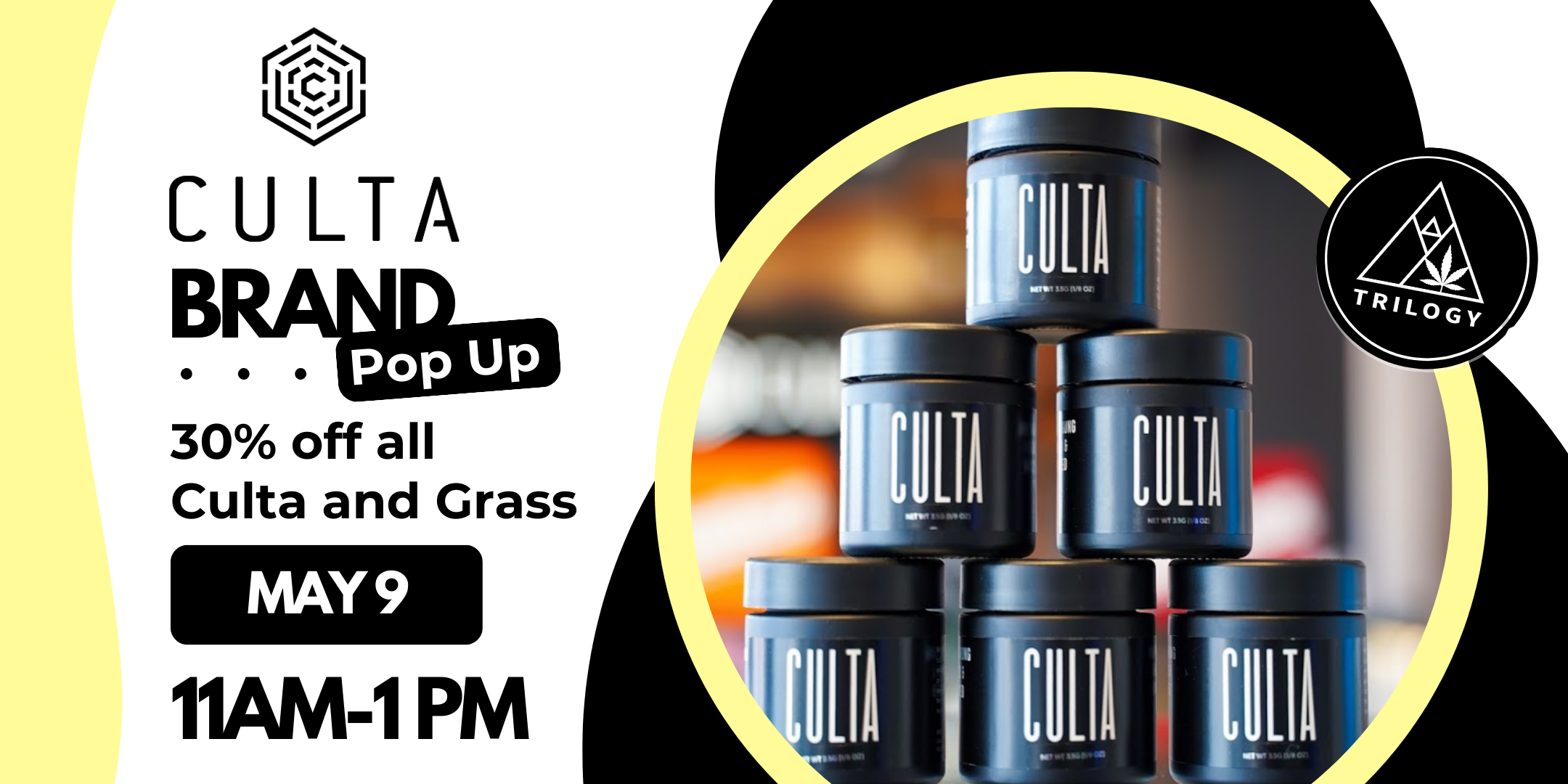 Join us at Trilogy Wellness for a Culta Pop Up on may 9 from 11am - 1pm & save 42% all day on culta & grass brands