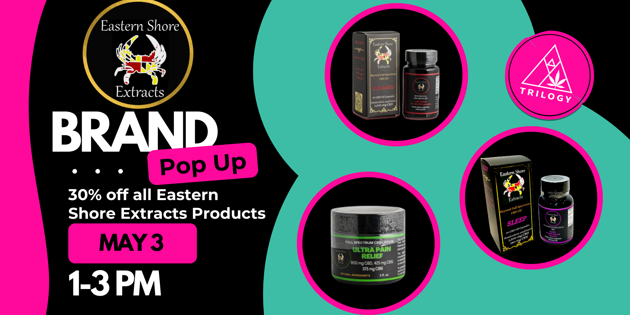 Come in and check out this Pop Up and sale for Eastern Shore Extracts' locally grown and extracted CBD from the Eastern Shore of Maryland!  Get ready to experience relief from Maryland's own Eastern Shore Extracts. They will be popping up at Trilogy Wellness on May 3 from 1:00pm-3:00pm.