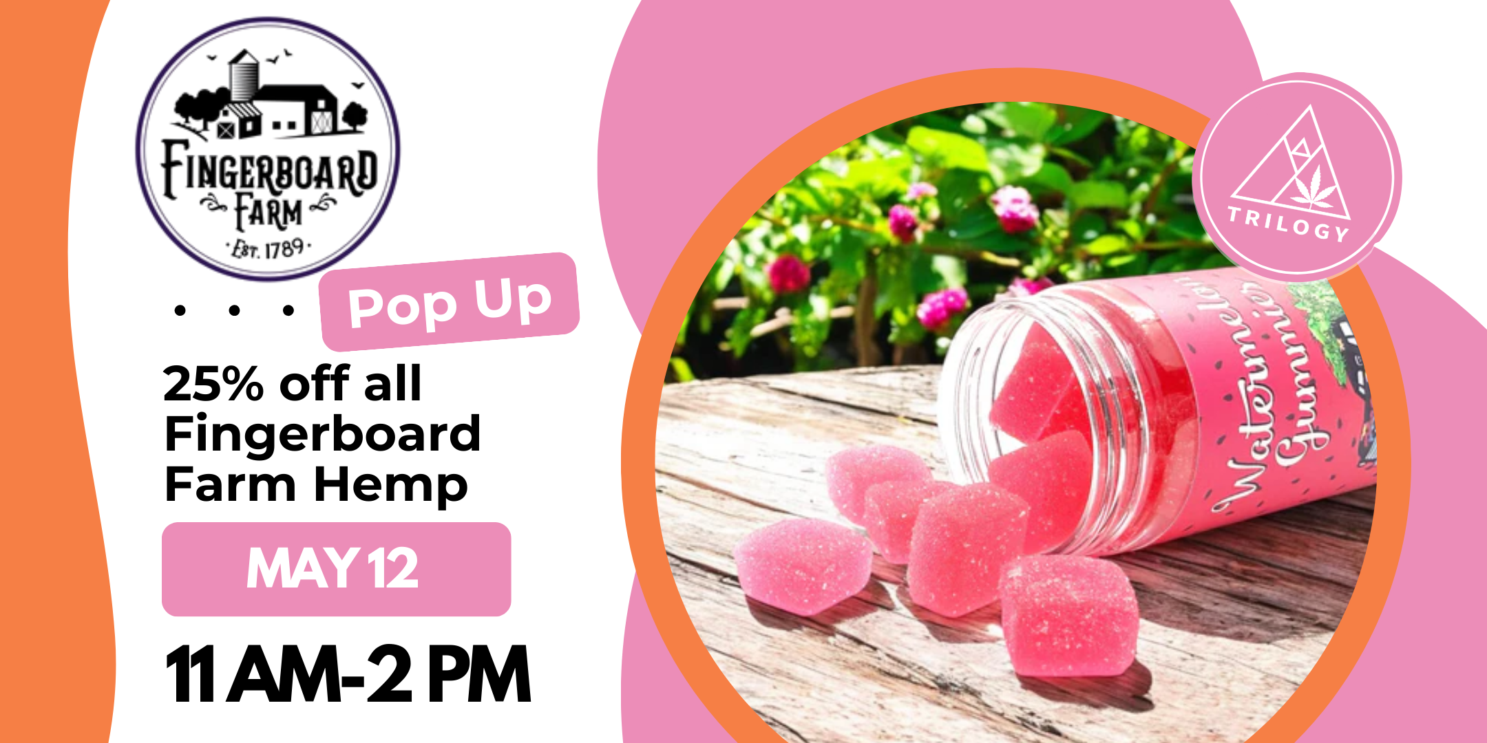 Join Trilogy Wellness on Sunday, May 12 from 11AM to 2PM for a Fingerboard Farms Pop-Up Event and enjoy 25% off all CBD products all day long. Explore locally made, plant-based wellness solutions in Maryland.