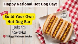 happy national hot dog day! free hot dog bar in lobby on july 16 from 12-2pm