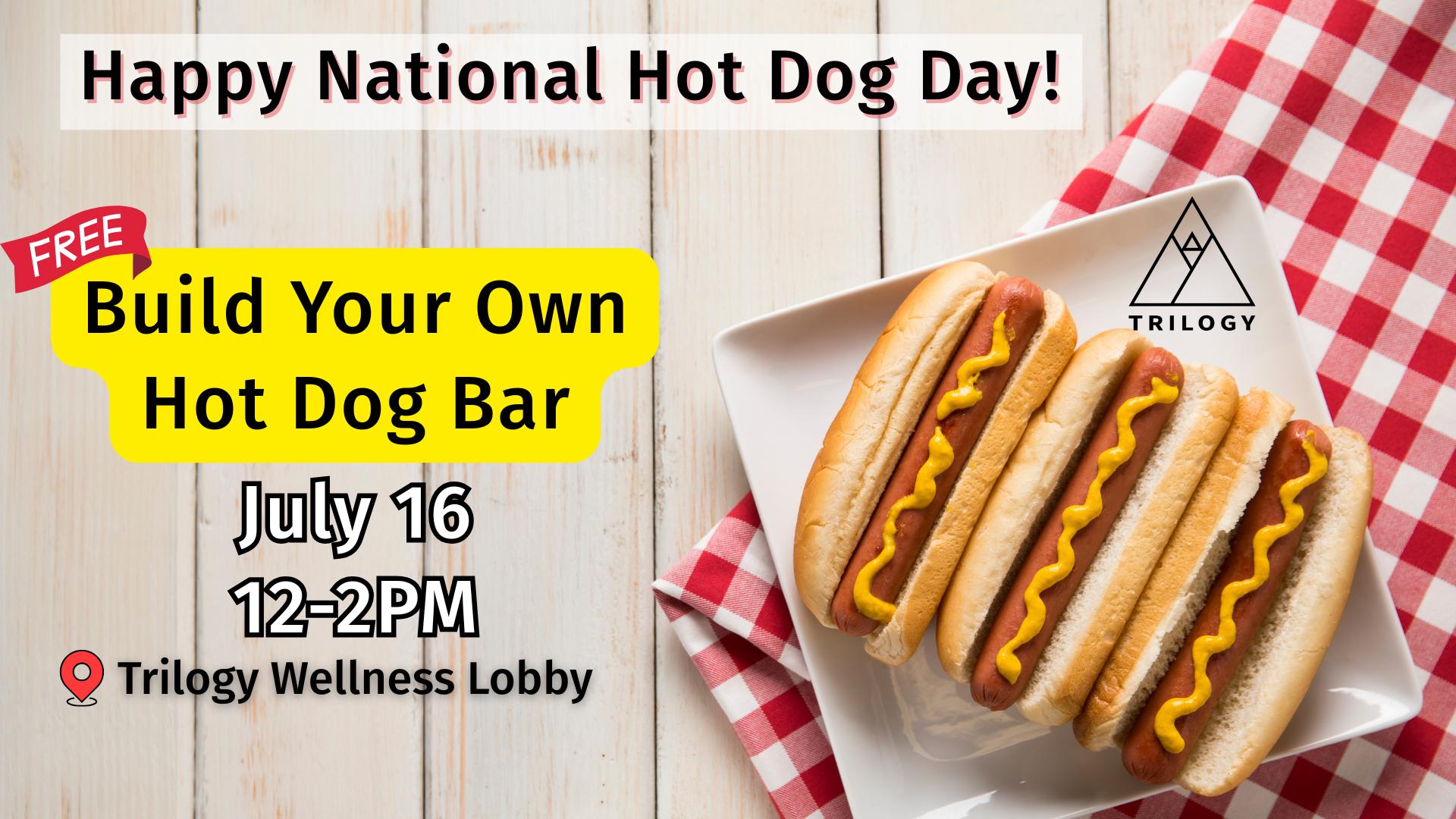 happy national hot dog day! free hot dog bar in lobby on july 16 from 12-2pm