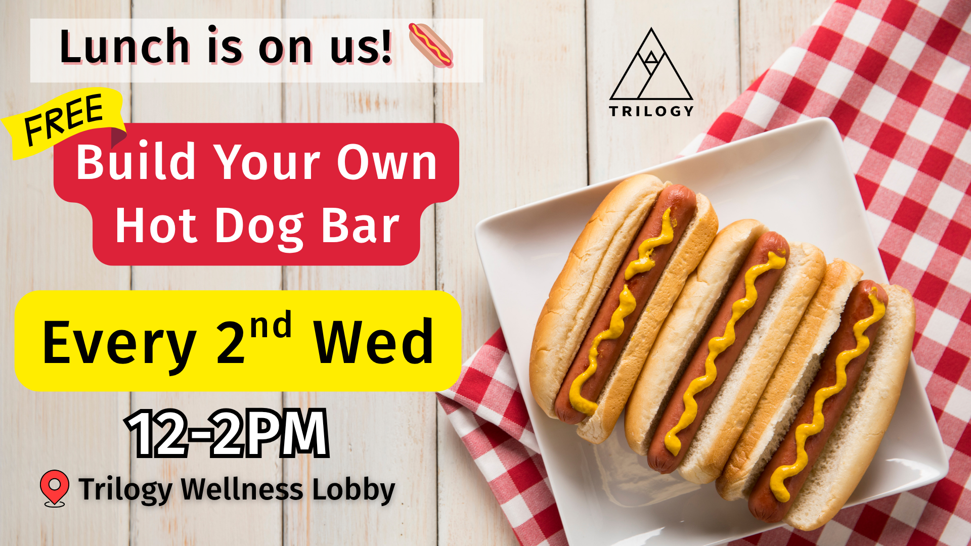 free hot dog bar every 2nd wednesday of the month from 12-2pm