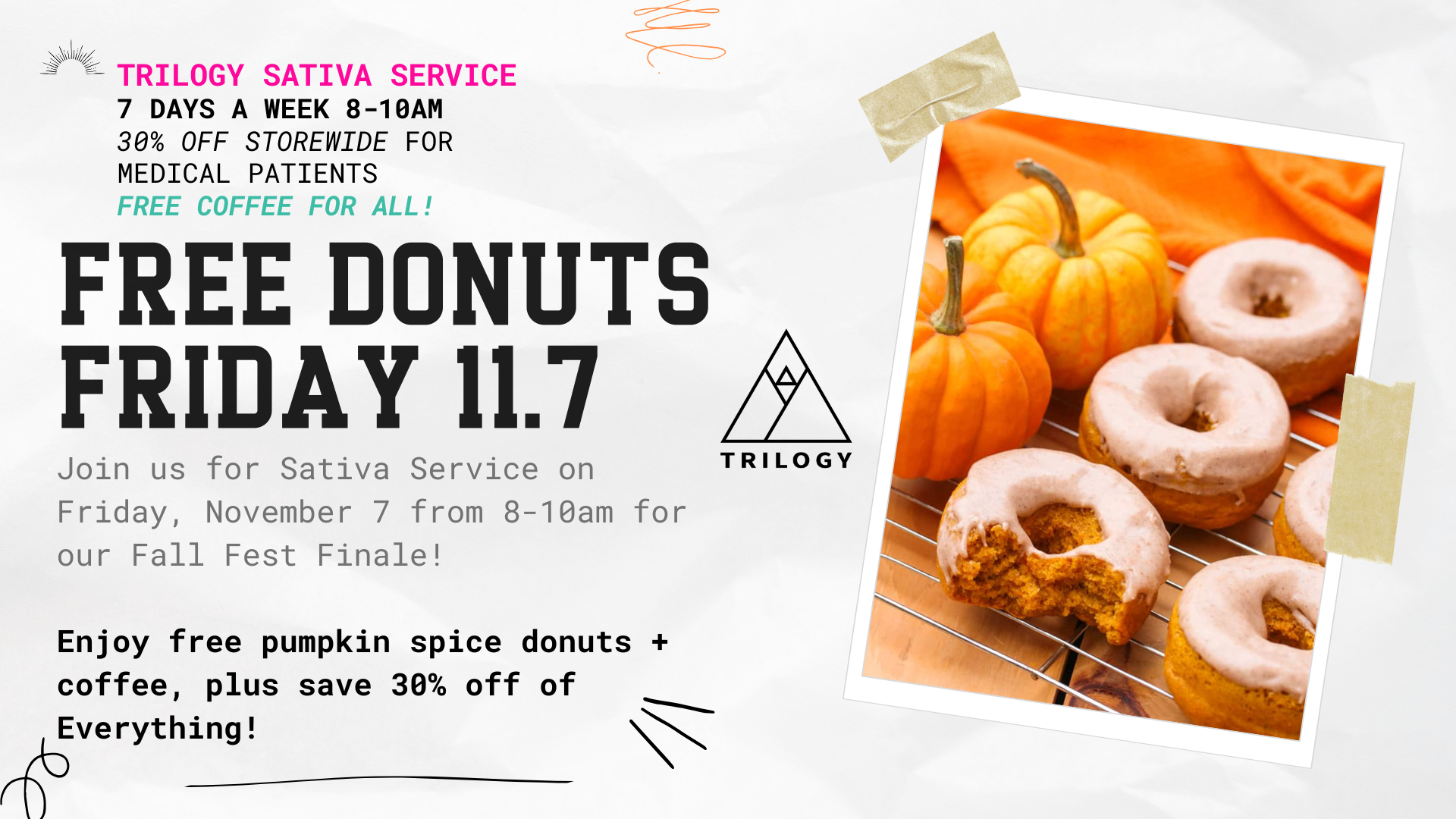 free pumpkin spice donuts 11/7 from 8-10am