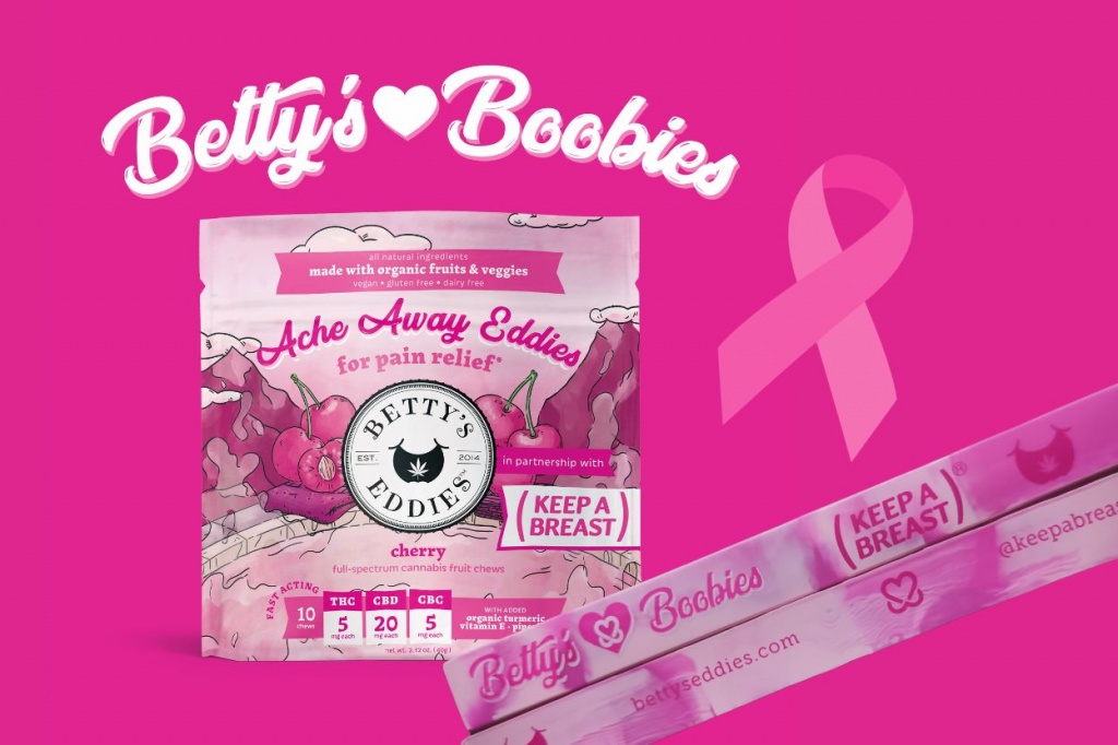 Betty’s Eddies limited-edition pink cherry chew pack for Breast Cancer Awareness Month with Keep A Breast branding